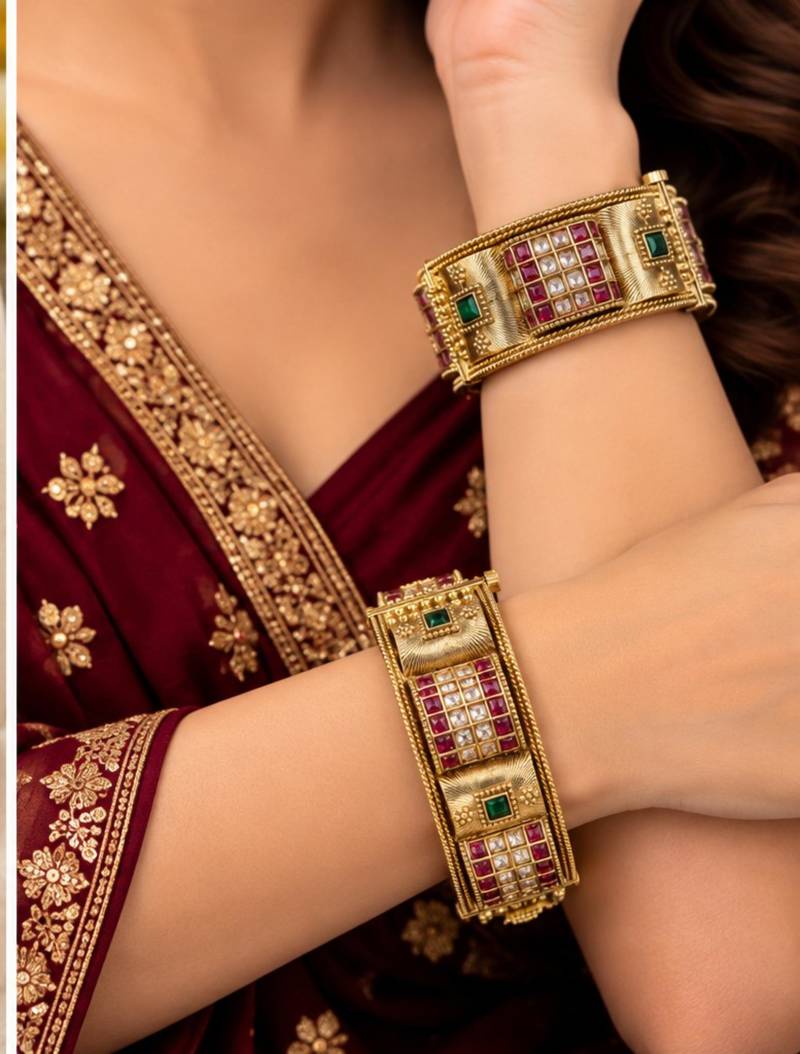 Multicolor copper bangles with bar stone & kundan     2 pcs