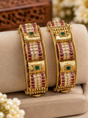 Multicolor copper bangles with bar stone & kundan     2 pcs 2