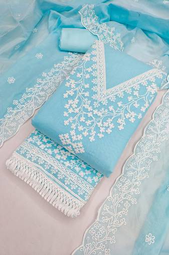 Sky blue chanderi embroidered unstitched suit