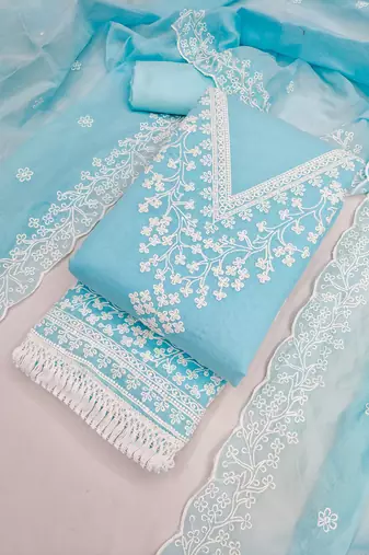 Sky blue chanderi embroidered unstitched suit