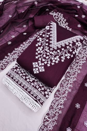 Deep purple chanderi embroidered unstitched suit