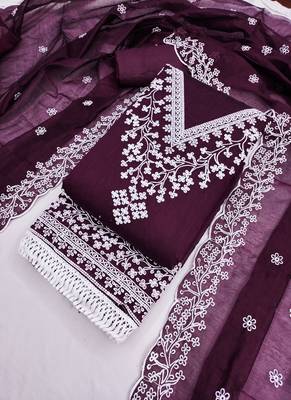 Deep purple chanderi embroidered unstitched suit 1