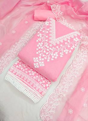 Pink chanderi embroidered unstitched suit 1
