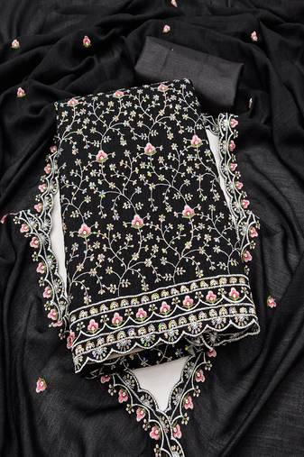 Black vichitra silk embroidered unstitched suit
