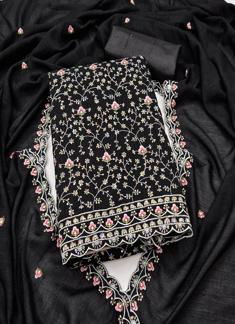 Black vichitra silk embroidered unstitched suit