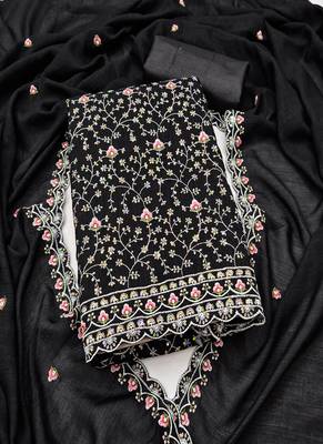 Black vichitra silk embroidered unstitched suit 1