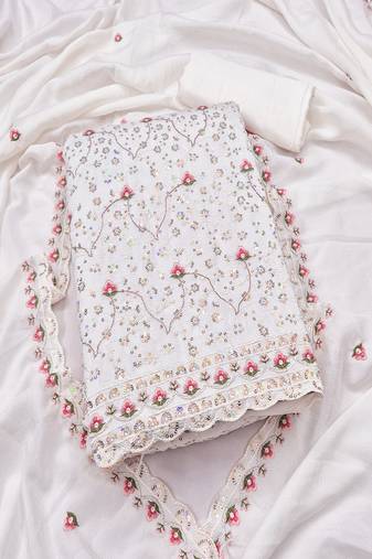 White vichitra silk embroidered unstitched suit