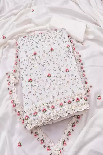 White vichitra silk embroidered unstitched suit