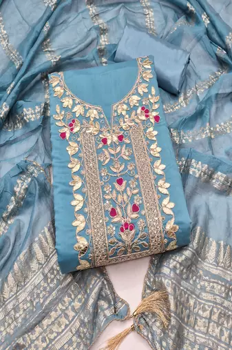 Sky blue roman silk embroidered unstitched suit with heavy santoon bottom and chanderi jacquard dupatta