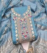 Sky blue roman silk embroidered unstitched suit with heavy santoon bottom and chanderi jacquard dupatta