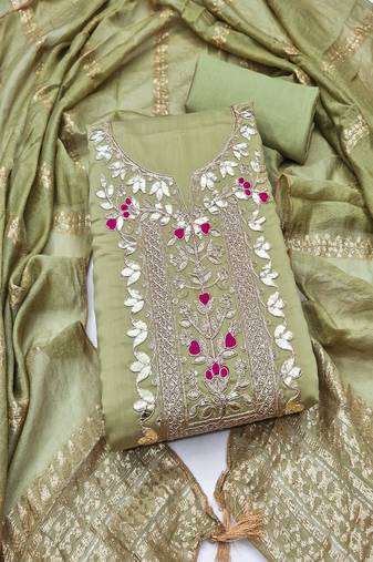 Green roman silk embroidered unstitched suit with heavy santoon bottom and chanderi jacquard dupatta