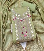 Green roman silk embroidered unstitched suit with heavy santoon bottom and chanderi jacquard dupatta