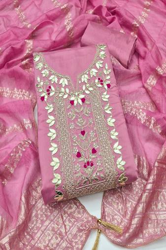 Pink roman silk embroidered unstitched suit with heavy santoon bottom and chanderi jacquard dupatta