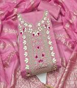 Pink roman silk embroidered unstitched suit with heavy santoon bottom and chanderi jacquard dupatta