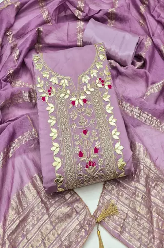 Purple roman silk embroidered unstitched suit with heavy santoon bottom and chanderi jacquard dupatta