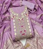 Purple roman silk embroidered unstitched suit with heavy santoon bottom and chanderi jacquard dupatta