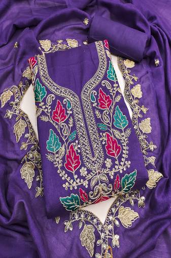 Vichitra silk embroidered unstitched suit with heavy santoon bottom and vichitra silk dupatta
