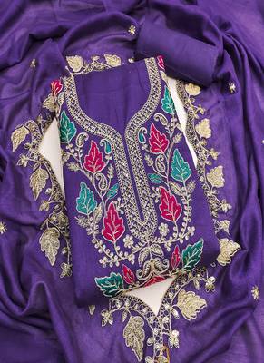 Vichitra silk embroidered unstitched suit with heavy santoon bottom and vichitra silk dupatta 1