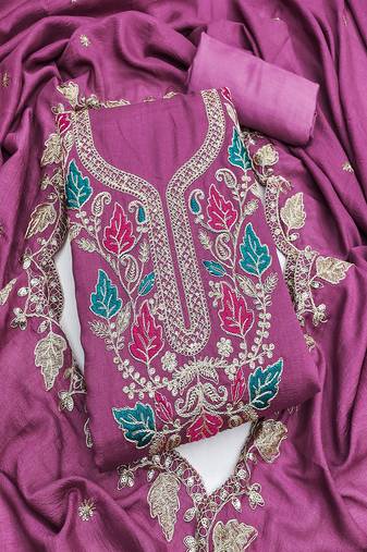 Vichitra silk embroidered unstitched suit with heavy santoon bottom and vichitra silk dupatta