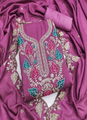 Vichitra silk embroidered unstitched suit with heavy santoon bottom and vichitra silk dupatta 1