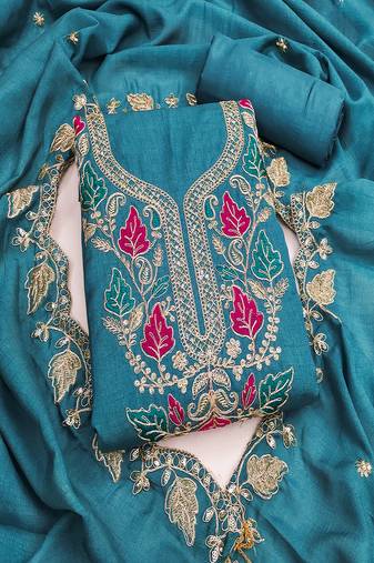 Vichitra silk embroidered unstitched suit with heavy santoon bottom and vichitra silk dupatta