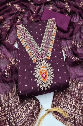 Chanderi butti embroidered unstitched suit with heavy santoon bottom and chanderi jacquard dupatta