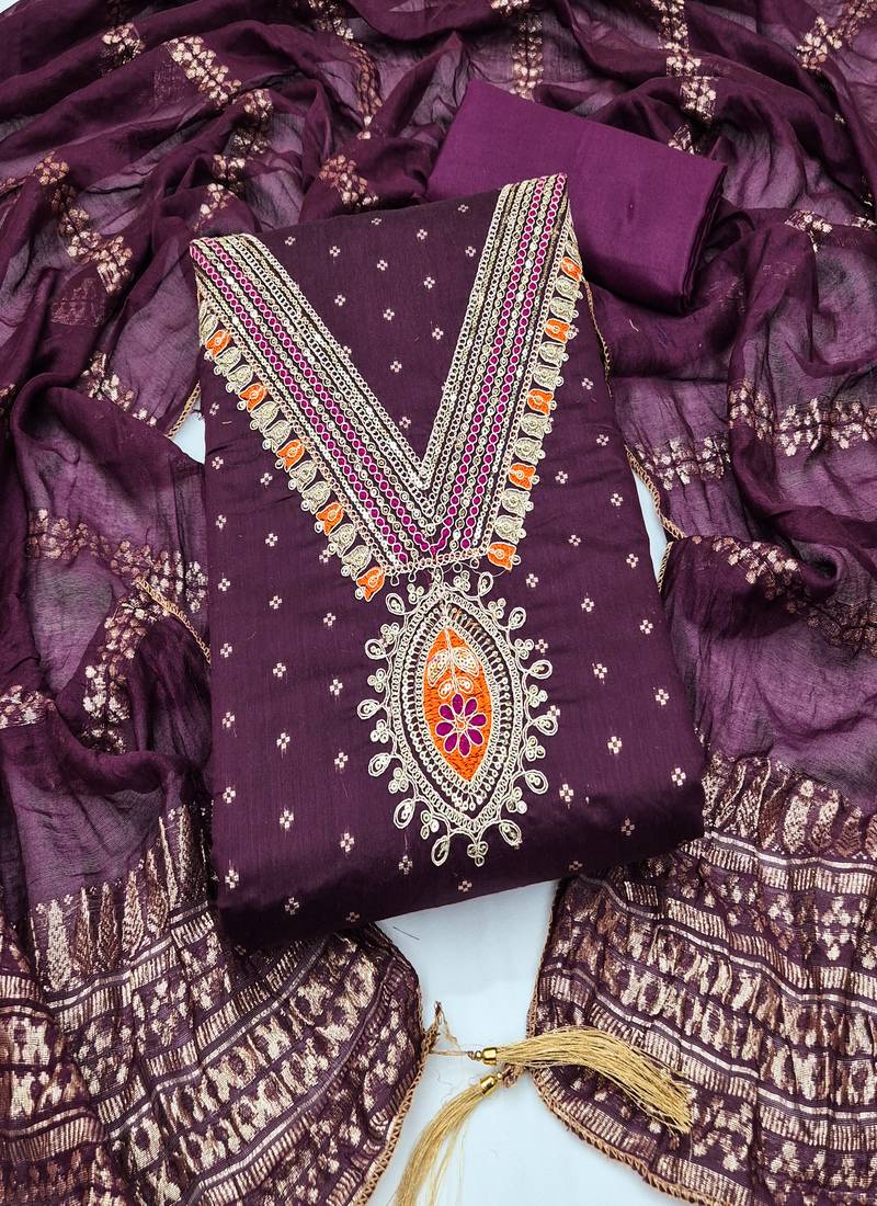 Chanderi butti embroidered unstitched suit with heavy santoon bottom and chanderi jacquard dupatta
