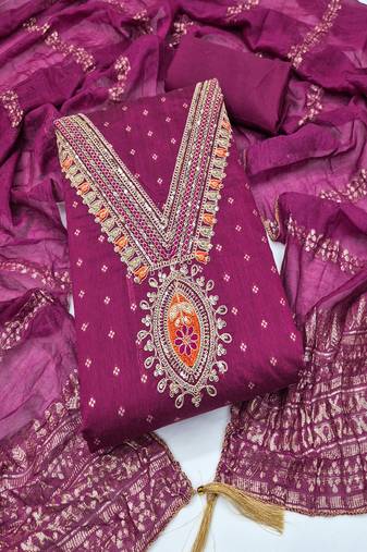 Chanderi butti embroidered unstitched suit with heavy santoon bottom and chanderi jacquard dupatta