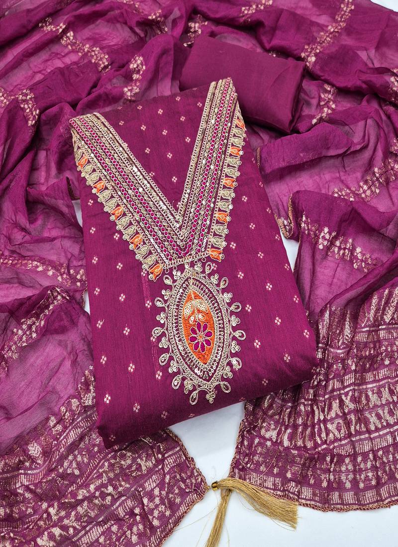 Chanderi butti embroidered unstitched suit with heavy santoon bottom and chanderi jacquard dupatta