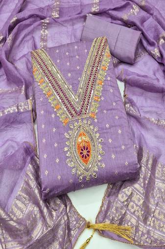 Chanderi butti embroidered unstitched suit with heavy santoon bottom and chanderi jacquard dupatta