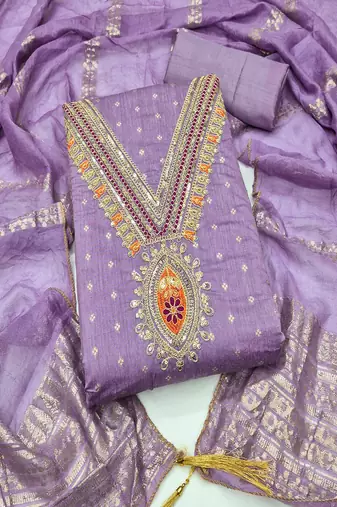 Chanderi butti embroidered unstitched suit with heavy santoon bottom and chanderi jacquard dupatta