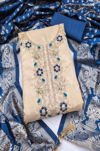 Shimmer butti embroidered unstitched suit with heavy santoon bottom and banarasi jacquard dupatta