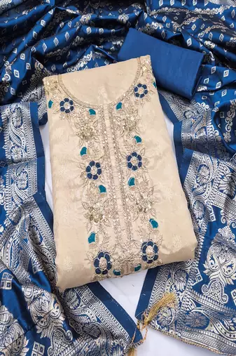 Shimmer butti embroidered unstitched suit with heavy santoon bottom and banarasi jacquard dupatta