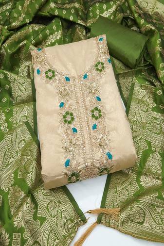 Shimmer butti embroidered unstitched suit with heavy santoon bottom and banarasi jacquard dupatta