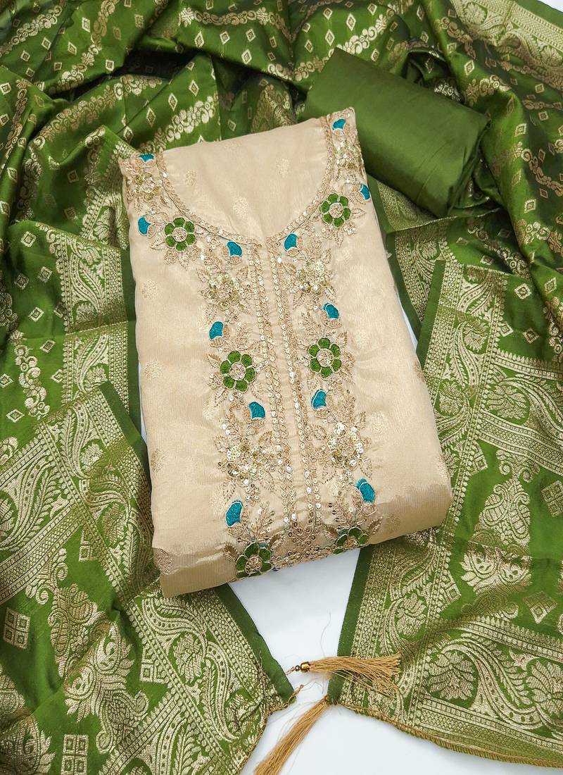 Shimmer butti embroidered unstitched suit with heavy santoon bottom and banarasi jacquard dupatta