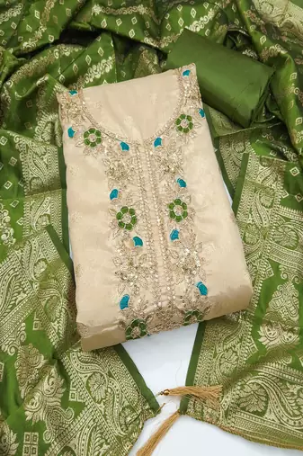 Shimmer butti embroidered unstitched suit with heavy santoon bottom and banarasi jacquard dupatta