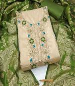 Shimmer butti embroidered unstitched suit with heavy santoon bottom and banarasi jacquard dupatta