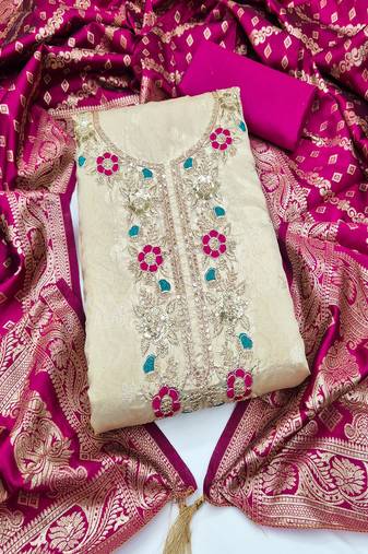Shimmer butti embroidered unstitched suit with heavy santoon bottom and banarasi jacquard dupatta