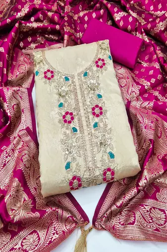 Shimmer butti embroidered unstitched suit with heavy santoon bottom and banarasi jacquard dupatta