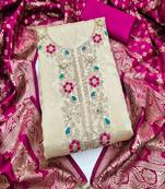 Shimmer butti embroidered unstitched suit with heavy santoon bottom and banarasi jacquard dupatta