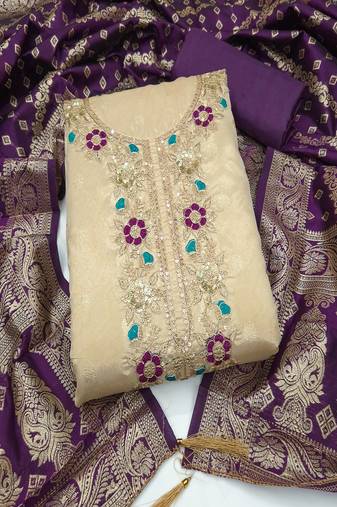 Shimmer butti embroidered unstitched suit with heavy santoon bottom and banarasi jacquard dupatta