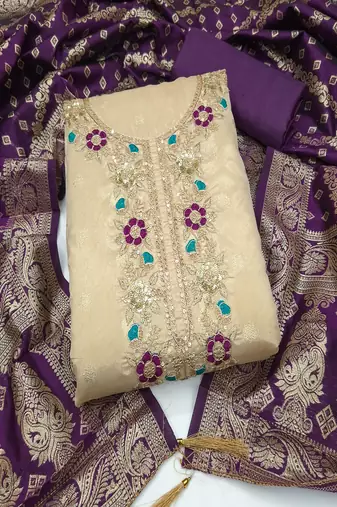 Shimmer butti embroidered unstitched suit with heavy santoon bottom and banarasi jacquard dupatta