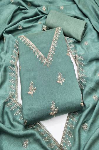 Vichitra silk embroidered unstitched suit with heavy santoon bottom and vichitra silk dupatta