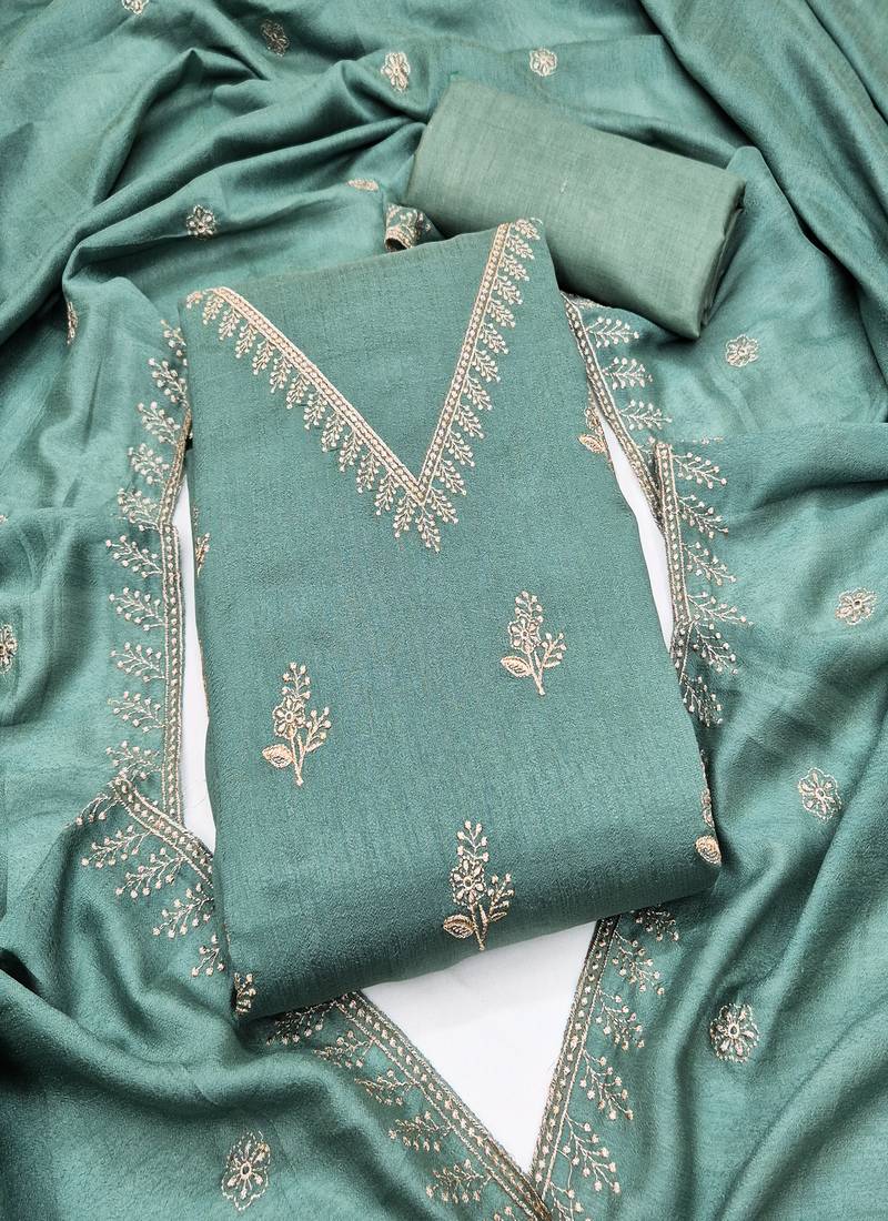 Vichitra silk embroidered unstitched suit with heavy santoon bottom and vichitra silk dupatta