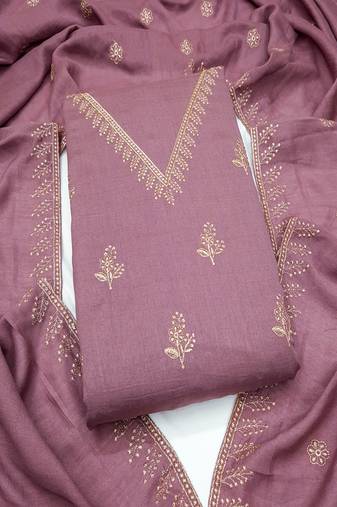 Vichitra silk embroidered unstitched suit with heavy santoon bottom and vichitra silk dupatta