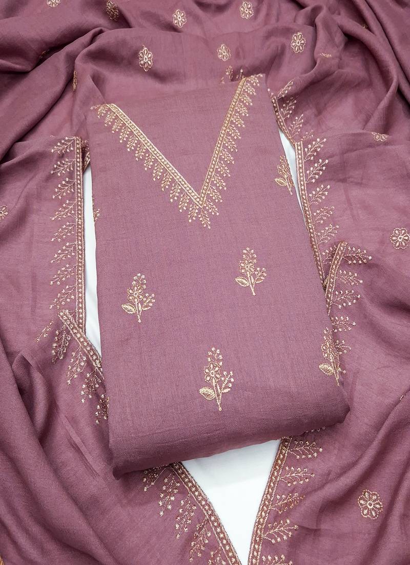 Vichitra silk embroidered unstitched suit with heavy santoon bottom and vichitra silk dupatta