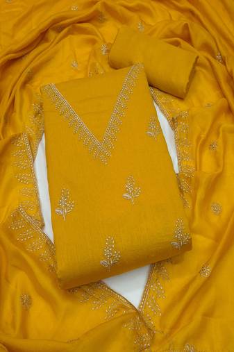 Vichitra silk embroidered unstitched suit with heavy santoon bottom and vichitra silk dupatta