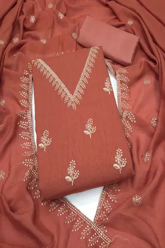 Vichitra silk embroidered unstitched suit with heavy santoon bottom and vichitra silk dupatta