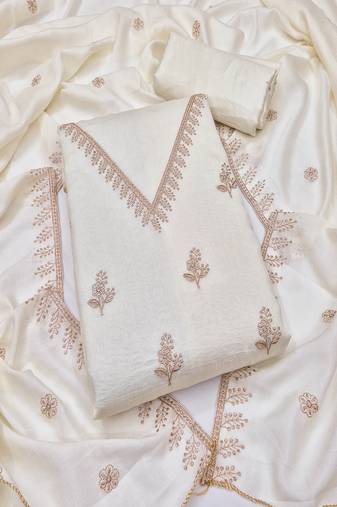 Vichitra silk embroidered unstitched suit with heavy santoon bottom and vichitra silk dupatta