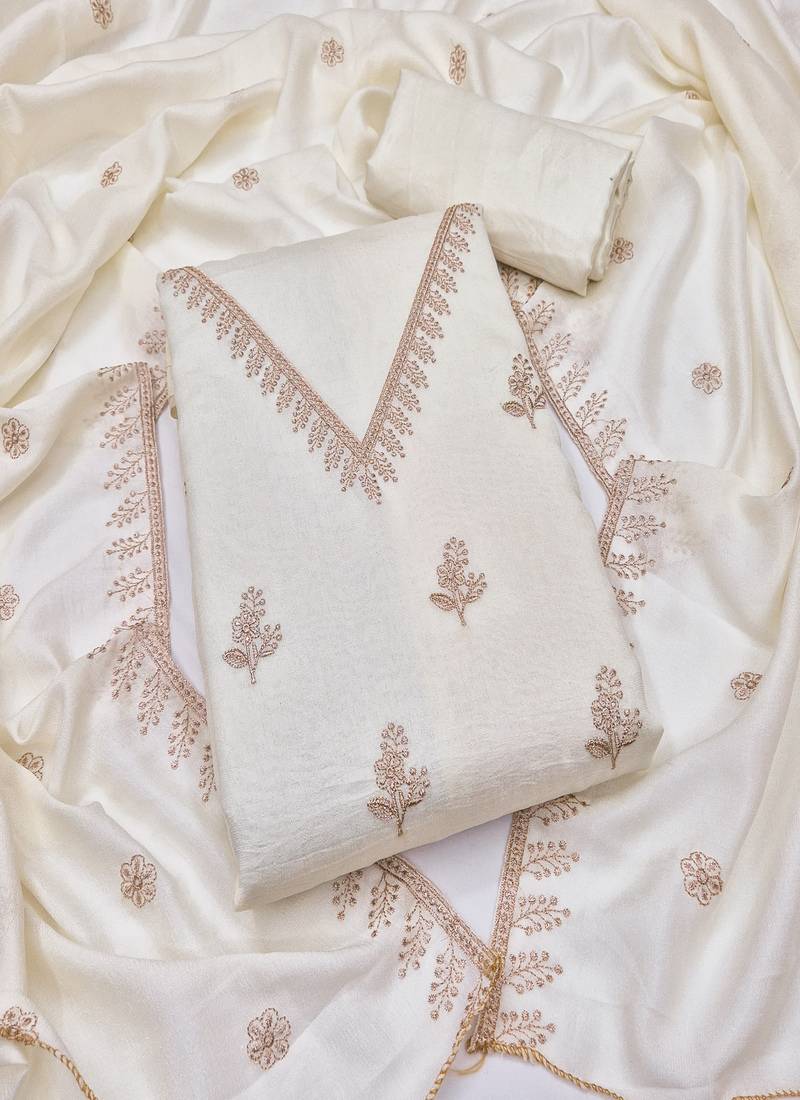 Vichitra silk embroidered unstitched suit with heavy santoon bottom and vichitra silk dupatta